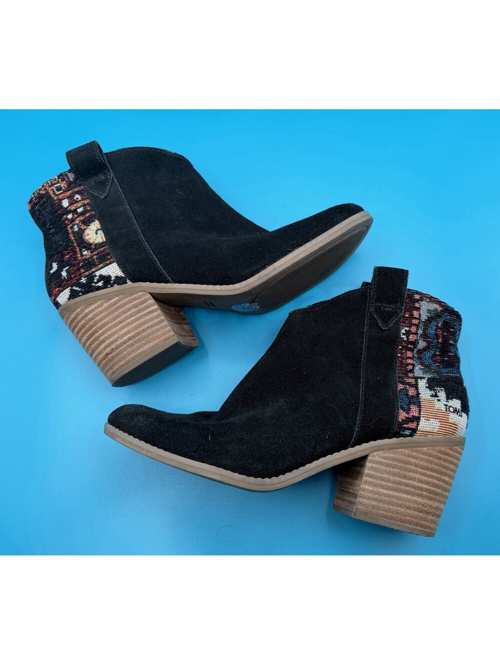 Tom’s Black Suede Constance Western Boots Woven Aztec Ankle Booties 8.5 GUC
